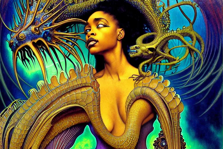 Image similar to realistic extremely detailed closeup portrait painting of a beautiful black woman wearing futuristic dress, mutant dragon on background by Jean Delville, Amano, Yves Tanguy, Alphonse Mucha, Ernst Haeckel, Edward Robert Hughes, Roger Dean, rich moody colours