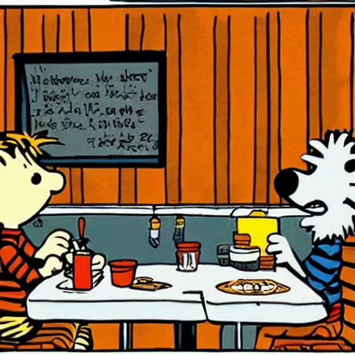 Image similar to calvin and hobbes in a diner, overhead lighting