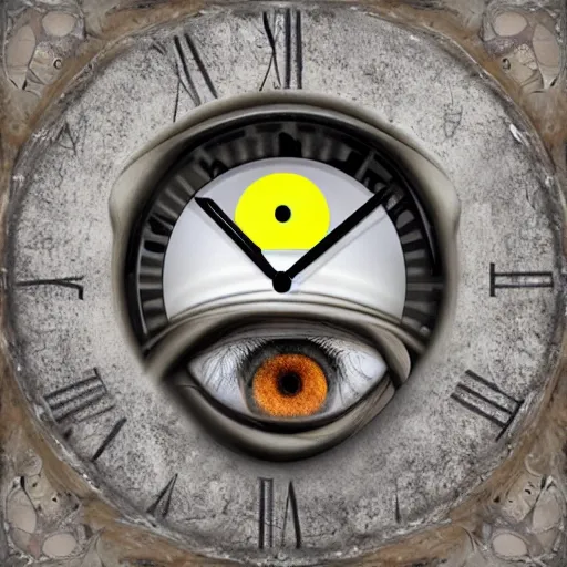 Prompt: man with alien clock eyes album cover