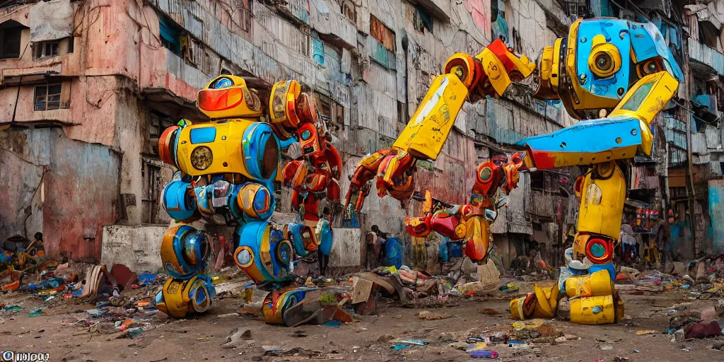 Prompt: colourful but run-down giant mecha ROBOT of AJEGUNLE SLUMS of Lagos, markings on robot, Golden Hour,