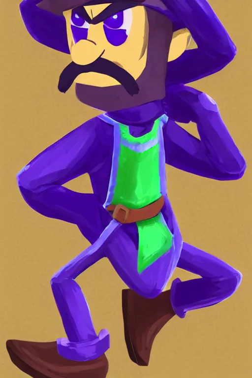 Image similar to an in game portrait of waluigi from the legend of zelda breath of the wild, breath of the wild art style.