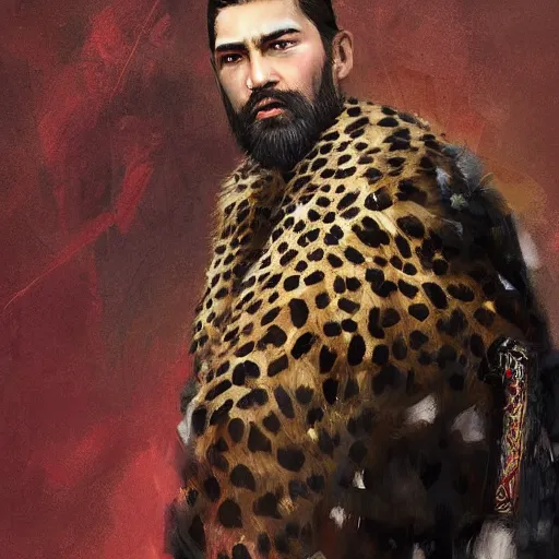 Prompt: A portrait of a king with short hair and a trimmed beard, dual wielding swords, wearing a cheetah pelt cloak, fantasy, digital art by Ruan Jia, Donglu Yu