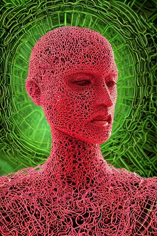 Prompt: a melancholic realistic 8k sculpture of a complex robotic human face, liquid metal simulation, bright psychedelic neon colors, dark dramatic lighting, hexagonal mesh wire, filigree intricate details, cinematic, fleshy, red blossoms, green ivy, elegant, 50mm lens, DOF, octane render, art nouveau, 8k post-processing, intricate art by greg rutkowski