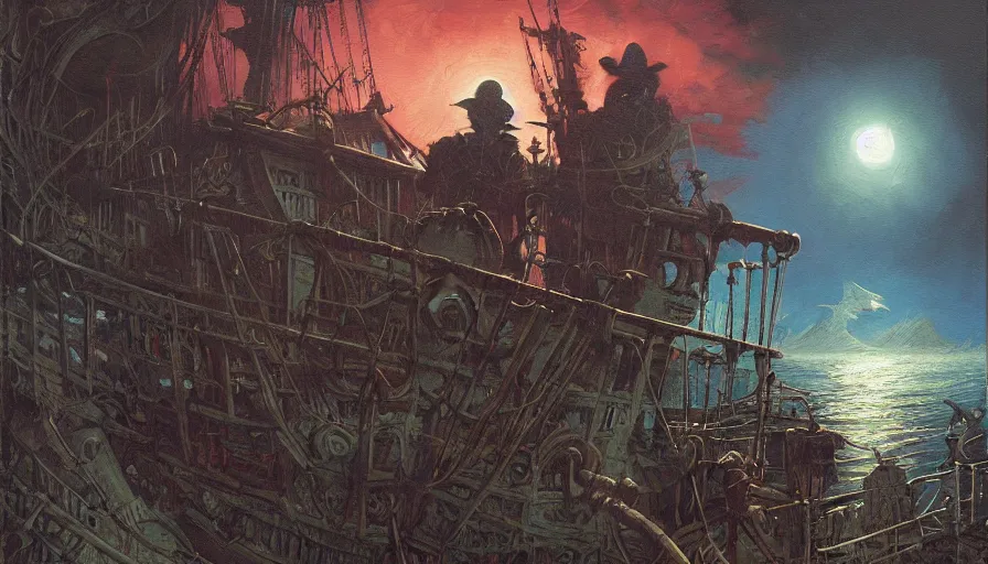 Image similar to ghost pirate aboard a pirate ship, spooky fog, moonlit, oil on canvas, by Dan Mumford, by Josan Gonzalez, by Frank Frazetta, soft lighting