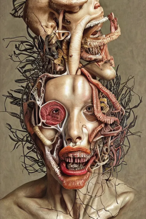 Image similar to Detailed maximalist portrait of a greek god with large lips and eyes, scared expression, botanical anatomy, skeletal with extra flesh, HD mixed media, 3D collage, highly detailed and intricate, surreal illustration in the style of Jenny Saville, dark art, baroque, centred in image