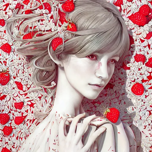 Image similar to the portrait of an absurdly beautiful, graceful, elegant, sophisticated, fashionable young woman made of strawberries and white petals looking down, an ultrafine hyperdetailed illustration by kim jung gi, irakli nadar, intricate linework, bright colors, octopath traveler, final fantasy, unreal engine 5 highly rendered, global illumination, radiant light, detailed and intricate environment