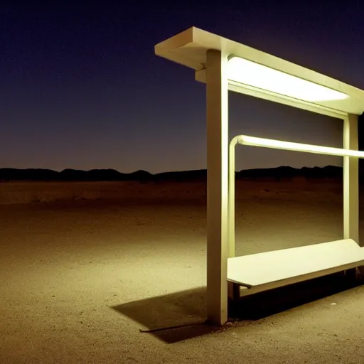 Image similar to bus stop in a desert at night, minimalist architecture, neon lights, james turrel,