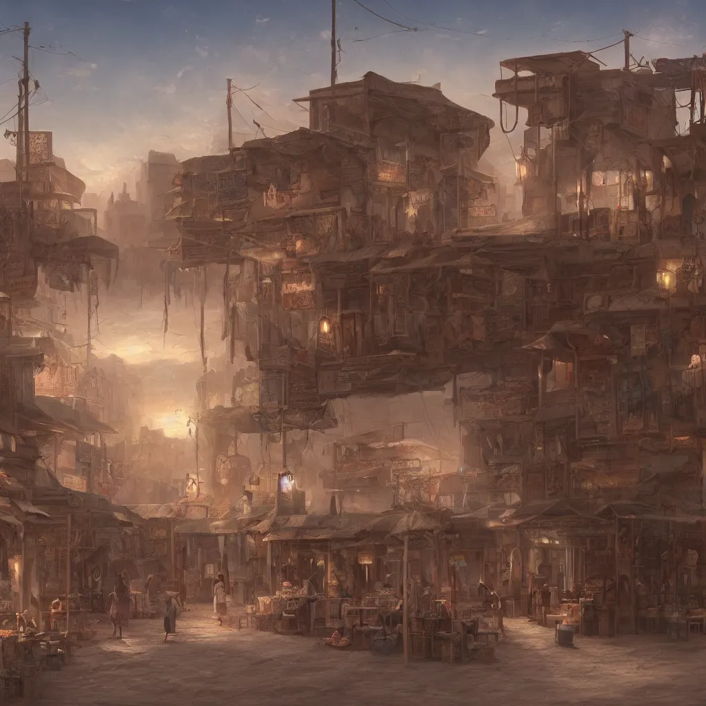 Image similar to matte painting of a quiet marketplace in a desert town, artstation