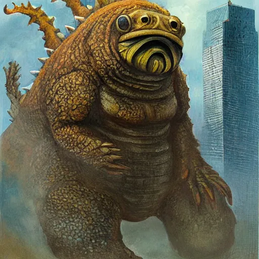 Image similar to realistic painting of a tardigrade kaiju, godzilla, by james gurney