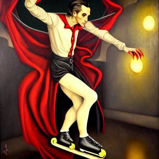 Image similar to dynamic composition, a painting of dracula the vampire skating on roller skates in a medieval roller rink, a surrealist painting by tom bagshaw and jacek yerga and tamara de lempicka and jesse king, featured on cgsociety, pop surrealism, surrealist, dramatic lighting, wiccan, full body portrait, pre - raphaelite, ornate gilded details