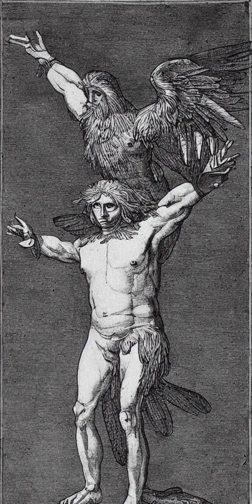Image similar to human - eagle creature with one big beak, drawn by da vinci