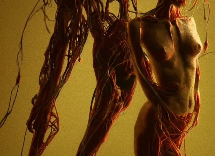 Image similar to rgb, woman, posing, backrooms, cinematic, movie scene, inspired by zdzislaw beksinski, clothes made out of veins,, cables everywhere, bedroom, ultra realistic, concept art, intricate details, highly detailed, photorealistic, octane render, 8 k