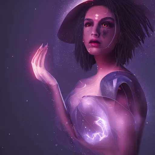 Image similar to portrait of moon witch, beautiful, attractive, glowing, jaw dropping, magical, dynamic lighting, dark, menacing, 4 k octane render, age 2 0, background moon