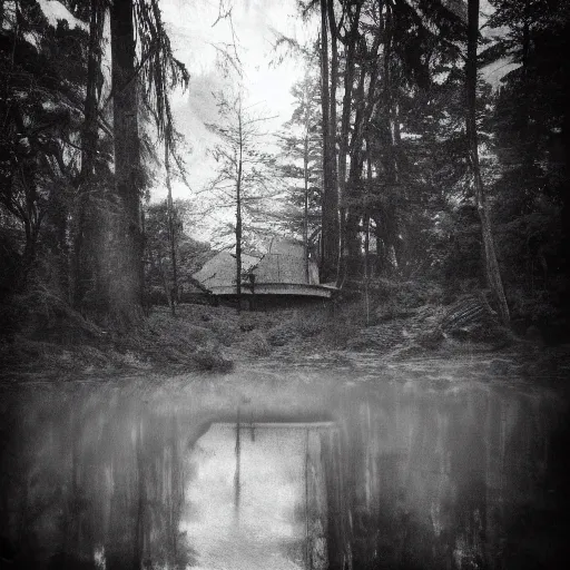 Prompt: a photo of a dream world, forest, river, skull, church, dark lighting