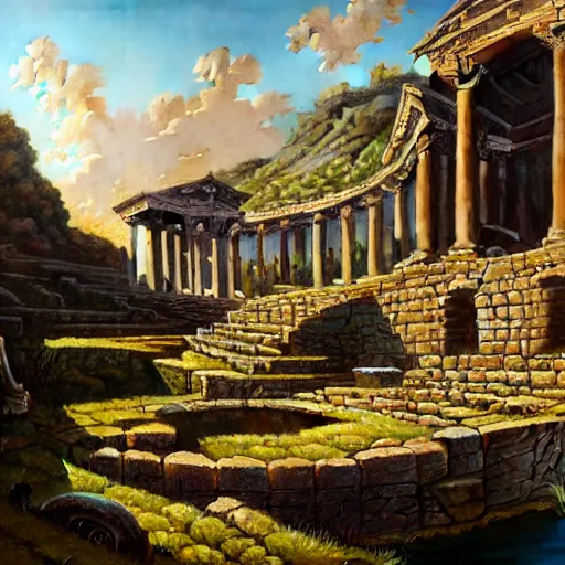 Prompt: highly detailed painting of an idyllic ancient roman city landscape, dramatic, sense of scale, stephen bliss, unreal engine, greg rutkowski, ilya kuvshinov, ross draws, hyung tae and frank frazetta, tom bagshaw, tom whalen, nicoletta ceccoli, mark ryden, earl norem, global illumination, god rays, beautiful