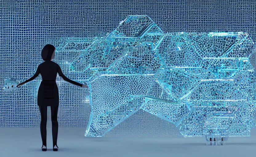 Image similar to young female agi in her 20s made out of low poly, kevlar, octa core, watercooled plates with crystal elements as a power source and an arctic-based, geometric backdrop; led, robotic, abstract, front profile shot, cycles render, 4k