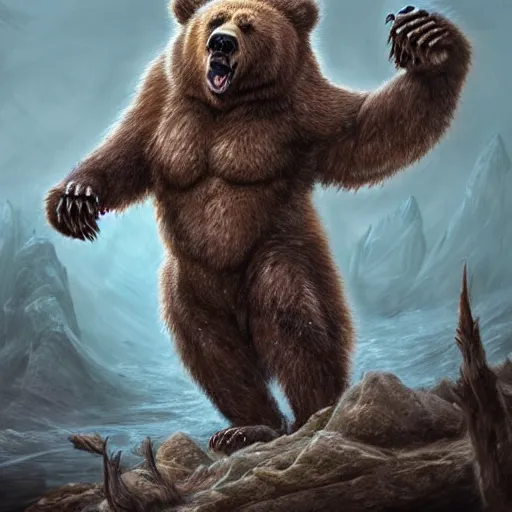 Image similar to a ferocious grizzly bear monster with 4 arms, fantasy concept art, detailed, epic pose