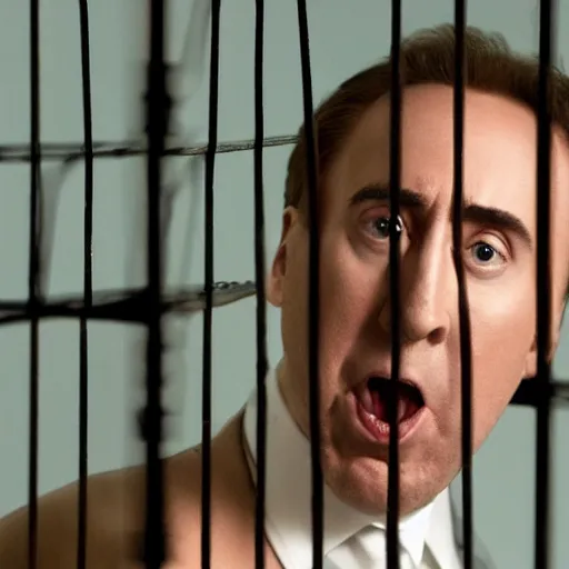 Image similar to a cagey nicholas cage caged in a cage on stage and enraged