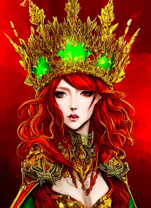 Image similar to Full body portrait of a beautiful red haired elven queen wearing red, green and gold queen dress and elaborate golden crown, bored look. In style of Yoji Shinkawa and Hyung-tae Kim, trending on ArtStation, dark fantasy, great composition, concept art, highly detailed.