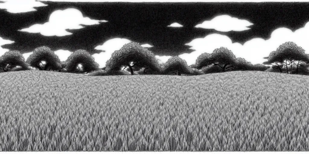 Image similar to a peaceful meadow, black and white manga panel, makoto yukimura, naoki urasawa fantasy