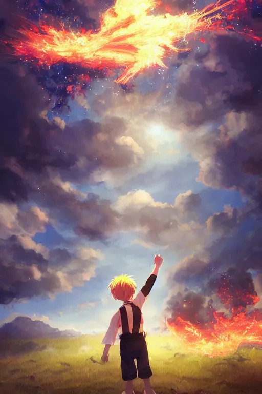 Prompt: anime young boy wearing suspenders pointing at the sky with fire particles around him, energetic pose, wlop, concept art, digital painting, trending on artstation, highly detailed, epic composition, 8 k uhd