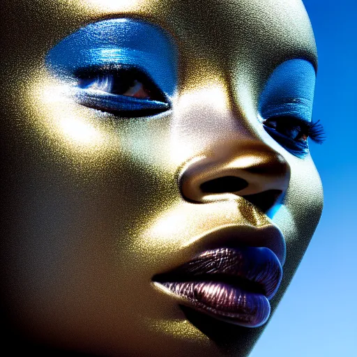 Image similar to portrait of metallic face, african woman, mercury, reflections, smooth texture, liquid metal, proud looking, outdoor, nature, blue sky, 8 k, realistic, depth of field, highly detailed, art photography