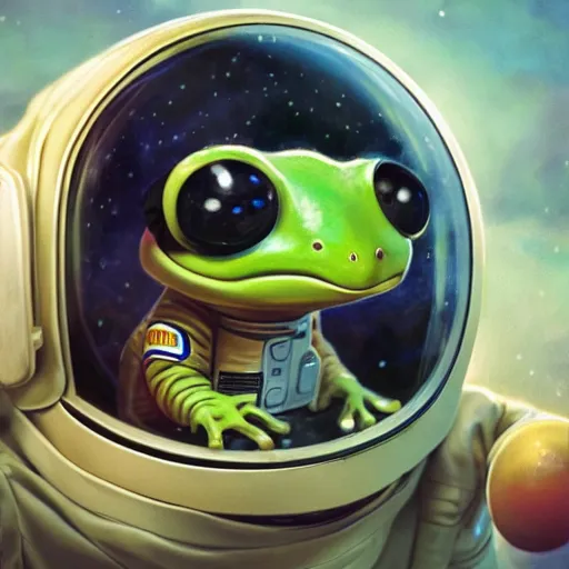 Prompt: long shot of a cute baby frog astronaut wearing an astronaut suit and astronaut helmet with open glass visor, by esao andrews, by m. w. kaluta, humorous illustration, small depth of field, depth perception, volumetric light, rich colors, 3 d octane render, 8 k, conceptart, hyperdetailed, hyperrealistic, trending on artstation