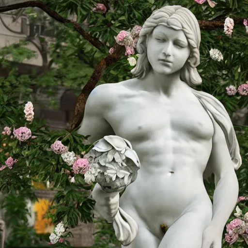 Image similar to a marble statue covered in flowers, full frame, cinematic light , unreal engine,