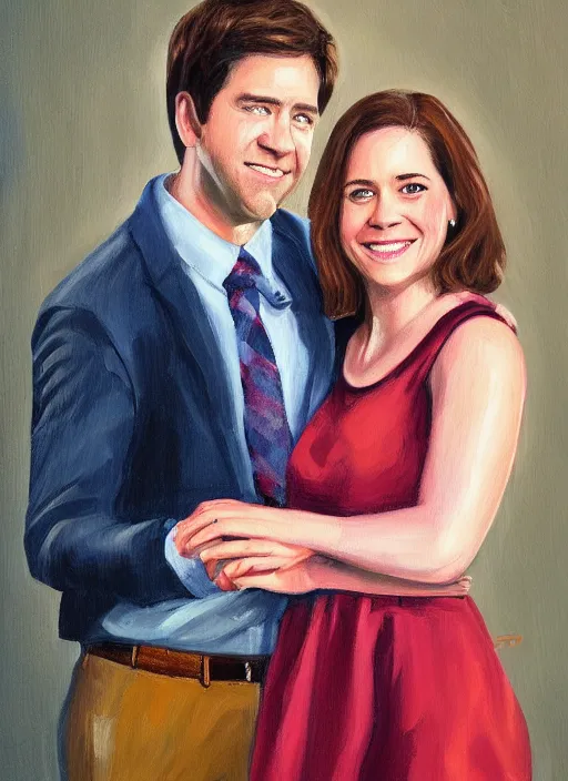 Image similar to portrait painting of jim halpert and pam beesly, happy couple, in the style of procter dod