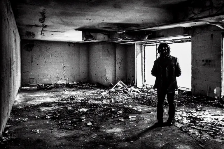 Image similar to a goth in leather, watching a black hole forming in the grimy grungy basement of an abandoned apartment block, grainy black and white photography