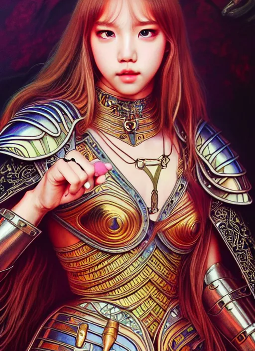 Image similar to lalisa manoban of blackpink, medieval armor, tarot card, highly detailed, digital painting, smooth, sharp focus, illustration, ultra realistic, 8 k, art by artgerm and alphonse mucha