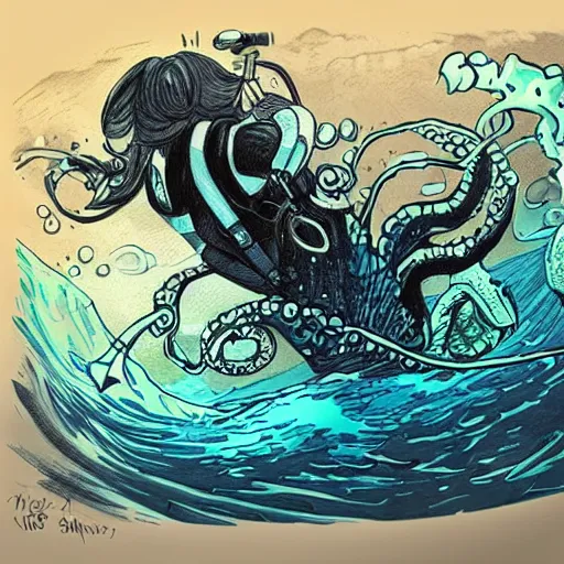 Image similar to old drawing of a scuba diver fighting against a kraken underwater, under water scenery, dramatic lighting, intense, epic, drawing