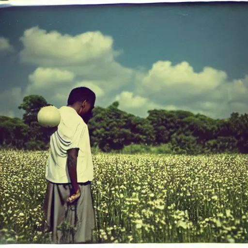 Image similar to somali male, photographer, holding camera, vintage, field of flowers, nature, nostalgic, dreamy, pastel, studio ghibli, thoughtul, wise, intricate details, shot in 1 9 6 0 s