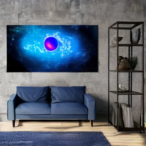 Prompt: elements of the cosmos collection on wall, multiverse astronauts standing below and beside multiverse portal