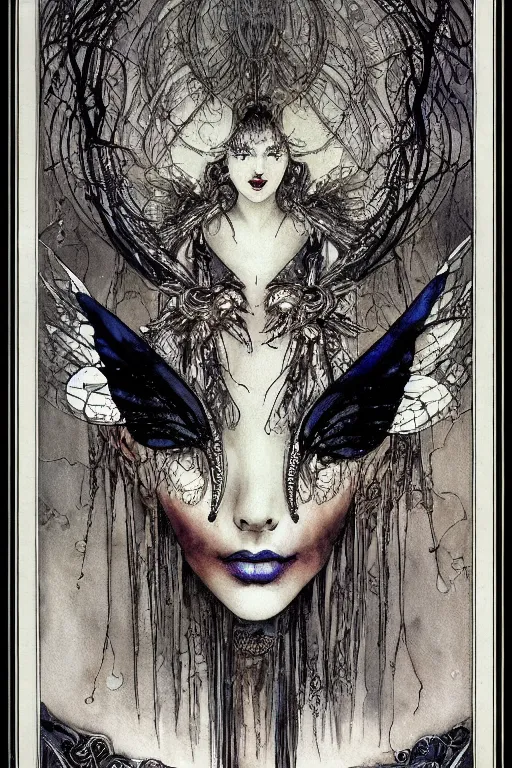 Image similar to dark fairy face closeup surrounded circular frame of insect wings, art by luis royo and walter crane and kay nielsen, watercolor illustration, ultra sharp focus