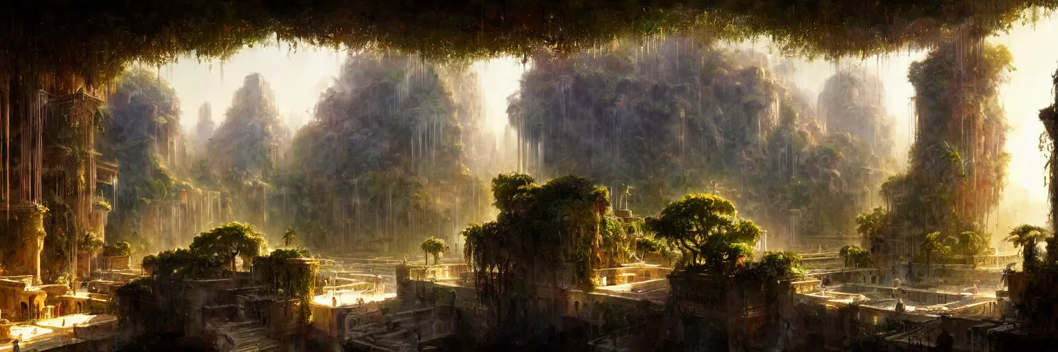 Prompt: a cinematic scene from the hanging gardens of babylon, concept art by james gurney and greg rutkowski, dramatic lighting, ultra hd, hdr, 8 k