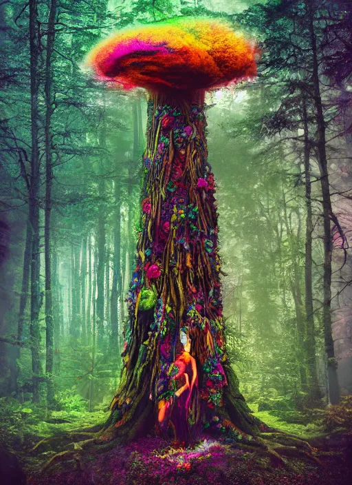 Image similar to a psychedelic surreal horror totem made of trees and multicolor flowers, magic creatures in the forest of chaotic spirit, fulcolor octane remder, cinematic, ultrarealistic