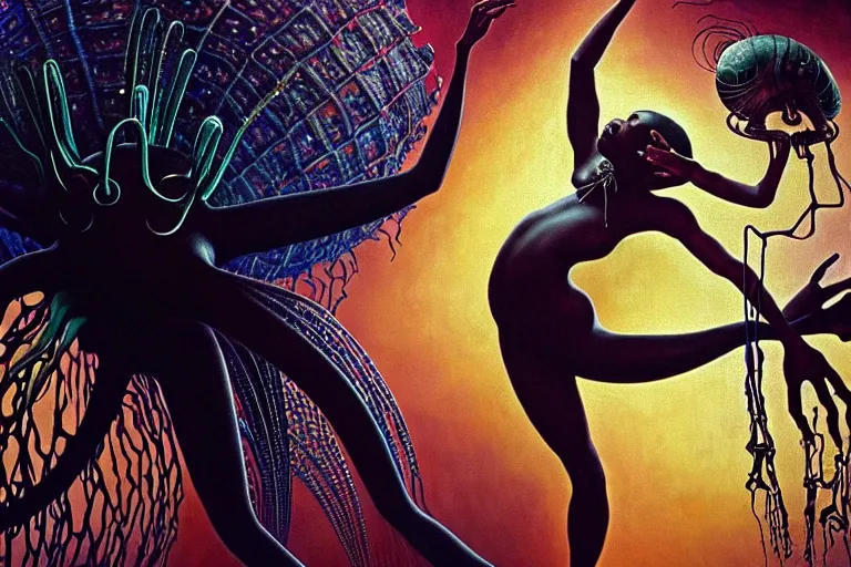 Image similar to realistic detailed closeup portrait movie shot of a beautiful black woman dancing with a giant spider, futuristic sci fi landscape background by denis villeneuve, jean deville, amano, yves tanguy, ernst haeckel, alphonse mucha, max ernst, caravaggio, roger dean, sci - fi necklace, fashion, masterpiece, rich moody colours