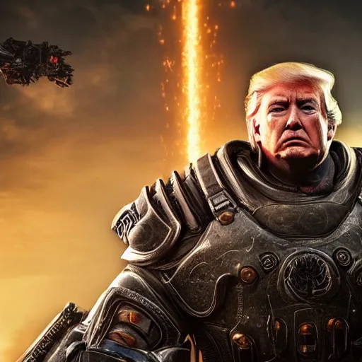 Prompt: Photo portrait of Donald Trump as Crusader!! in Gears of War, splash art, movie still, detailed face, photorealistic facial features, cinematic lighting, dramatic, octane render, long lens, shallow depth of field, bokeh, anamorphic lens flare, 8k, hyper detailed, 35mm film grain