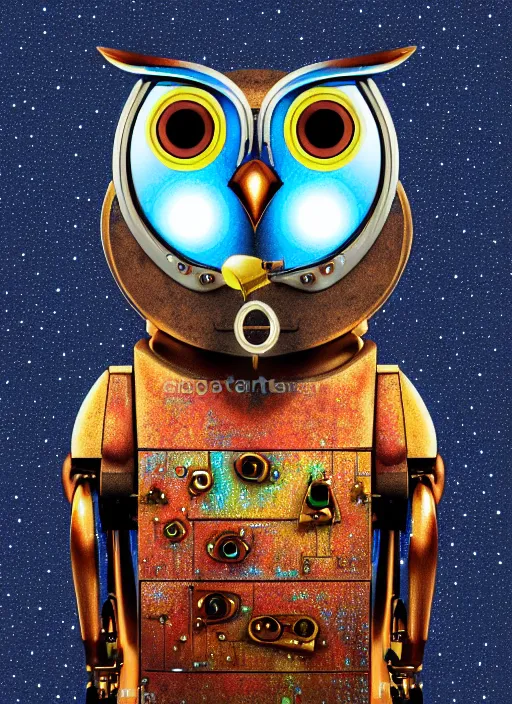 Image similar to colored pencil and pen drawing of an animatronic robot owl, bird made from rusty old keys and padlocks, space background, 8 k photorender realityengine