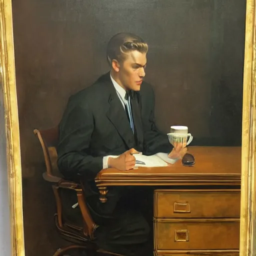 Prompt: man in desk with coffee and black suit by leyendecker and dean cornwell, 8 feet from the camera, 6 0 ´ s furniture