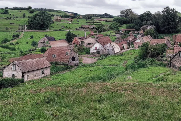 Image similar to wide shot of a rural countryside village in the style of carl valente