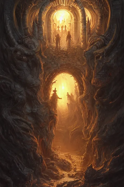 Image similar to gate to hell, highly detailed, d & d, fantasy, highly detailed, digital painting, trending on artstation, concept art, sharp focus, illustration, global illumination, ray tracing, realistic shaded, art by artgerm and greg rutkowski and fuji choko and viktoria gavrilenko and hoang lap, sunny