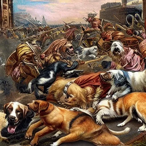 Prompt: dogs and cats in the great battle of rome, colorized