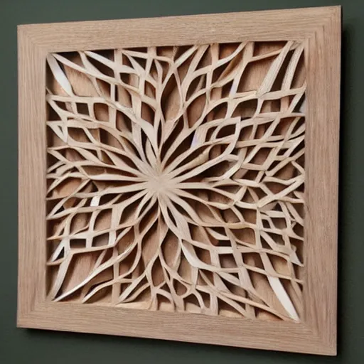 Prompt: a high quality photo of hanging wall art, 3D collage, intersecting, hearts and circles made of various hard woods, overlapping, layered, trending on Pinterest.