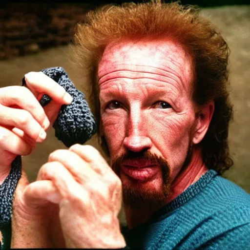 Prompt: Diamond Dallas Page knitting!!, candid photograph by Annie Leibovitz. Detailed face!!!! Detailed hands!!!! Yarn!!!