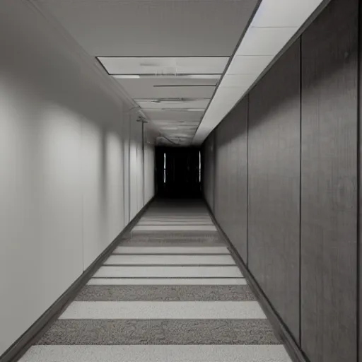 Image similar to curved still of an endless office hallway into an elevator, liminal feeling, uncanny