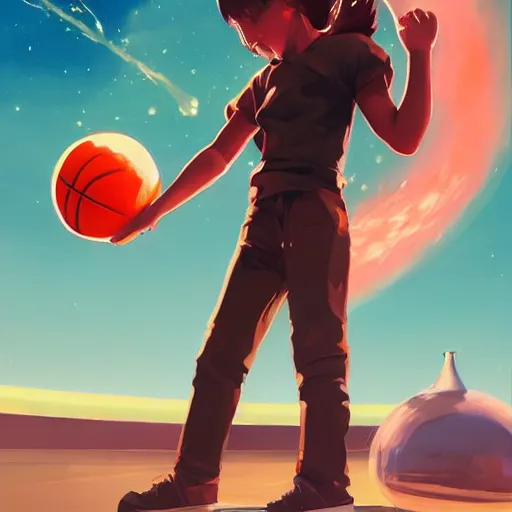 Image similar to a leather basketball as a comet zipping through space, hyper realistic, 8 k, behance hd artstation by jesper ejsing by rhads, makoto shinkai and lois van baarle, ilya kuvshinov, ossdraws