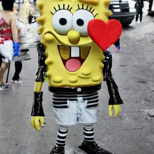 Image similar to Spongebob in real life wearing Rick Owens clothing, avant garde fashion look and clothes, outfit photograph, trending on r/Streetwear