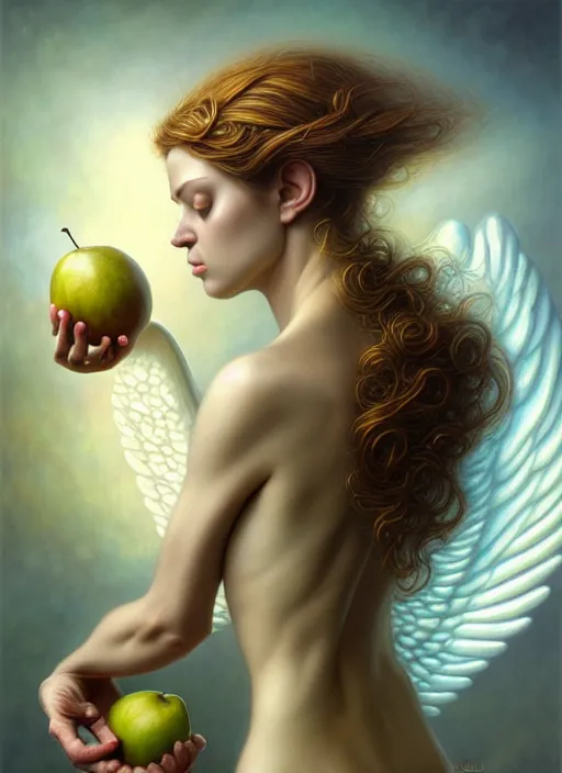 Image similar to woman as an angel holding fruits, fine art, intricate, elegant, highly detailed, realistic hair, centered, digital painting, art station, conceptual art, soft, sharp focus, illustration, artwork, artgerm, tomasz alen kopera, peter mohrbacher, donato giancola, wlop, boris vallejo